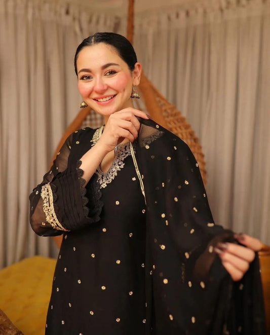 Hania Amir's Favourite Black 3 Piece Stitched Suit